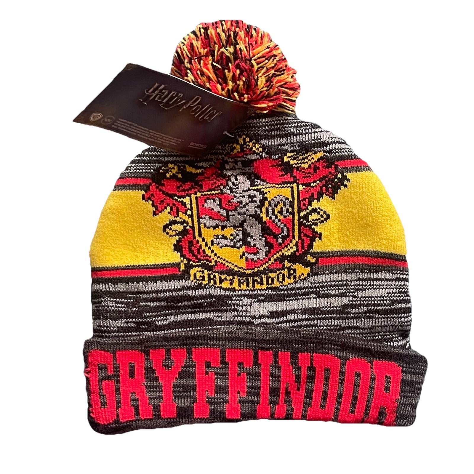 Harry Potter House Of Gryffindor Pom Beanie Hat With Crest Logo Patch Black Hat